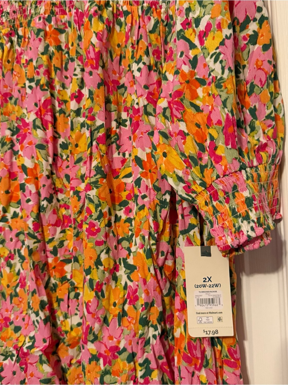 Terra & Sky Floral Smocked Top in Pink, Orange & Green - Picture 3 of 14